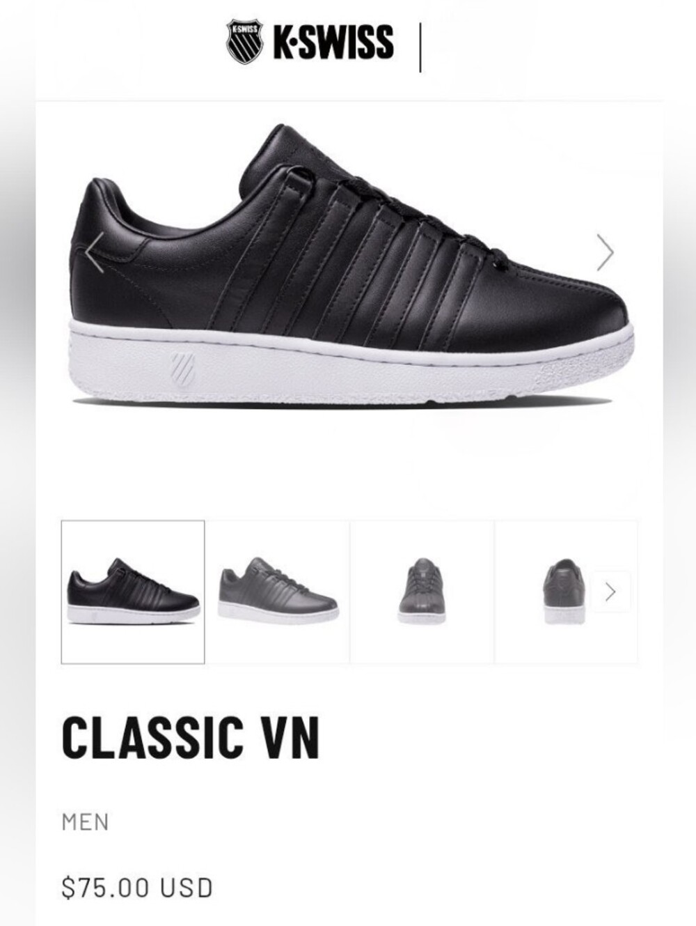 Men's K-Swiss Classic VN Tennis Shoes in Black Leather 10.5
